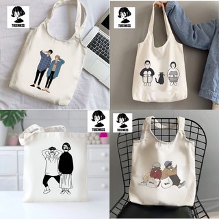 Túi tote trắng đen - có khóa - vải dệt canvas