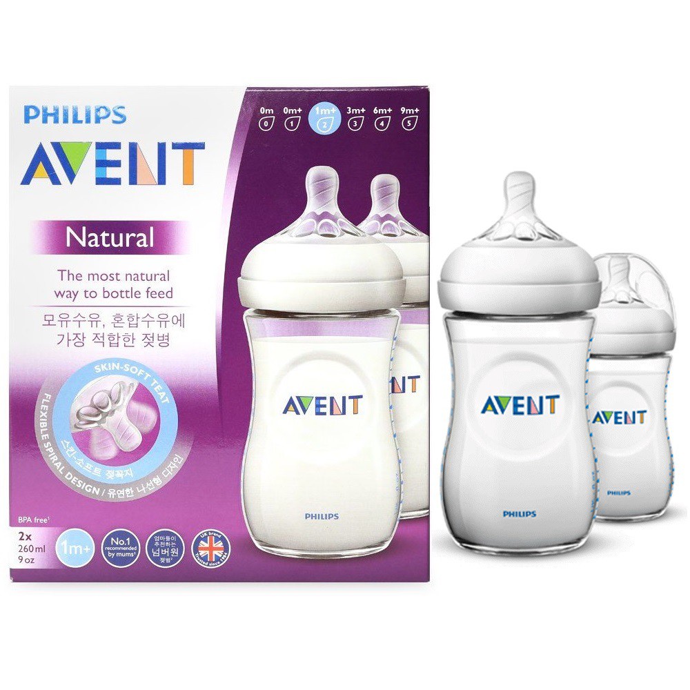 Bộ 2 bình sữa Avent Natural nhựa PP 125ml/260ml/330ml