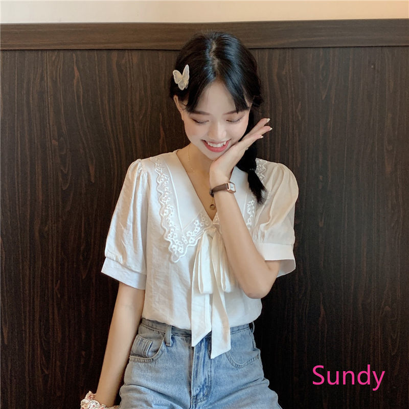 Áo Kiểu Chất Chiffon Tay Phồng Phối Ren Hoa Thiết Kế Ngọt Ngào Thời Trang Mùa Hè