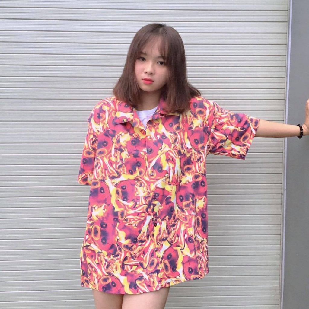Áo Sơmi BOBUI GẤU LỬA ĐỎ form rộng oversize ngắn tay họa tiết gấu