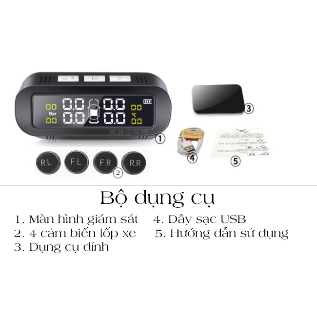 Bộ cảm biến đo áp suất lốp oto sử dụng năng lượng mặt trời, có màn hình LCD, dễ dàng lắp đặt - C1002