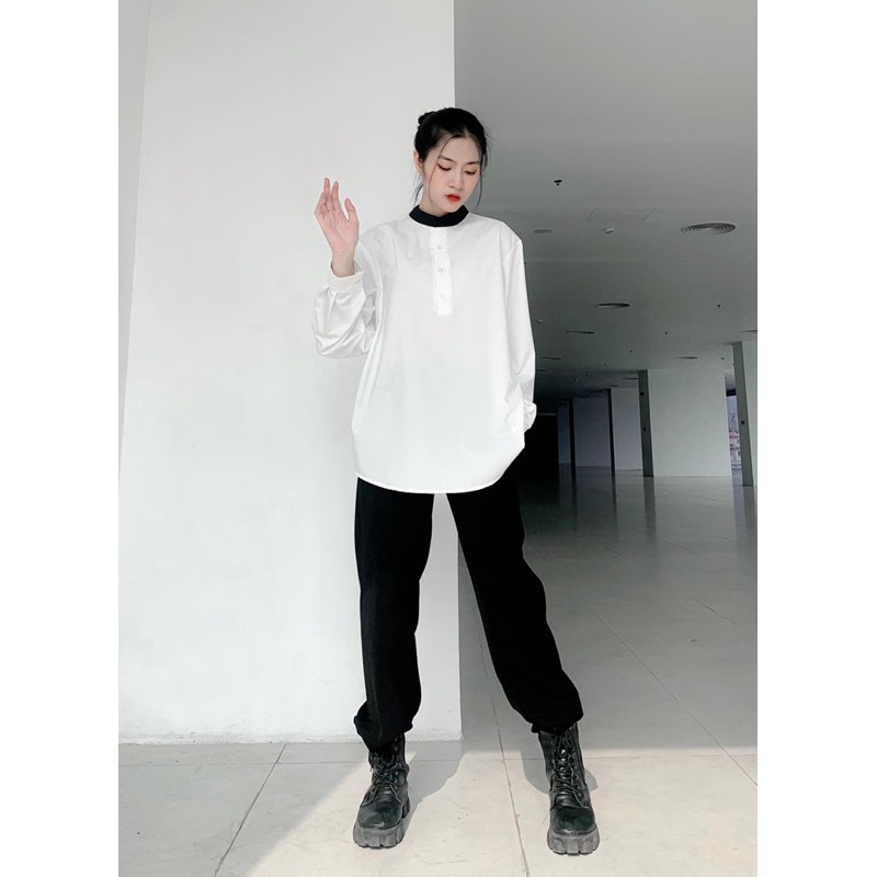 Áo sơ mi unisex Zune.zx cổ trụ form rộng đen trắng, Kido shirt