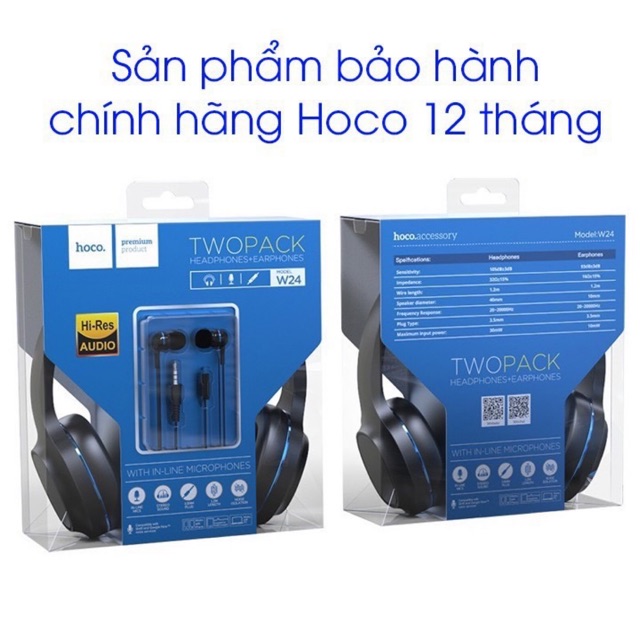 ✅CHÍNH HÃNG✅Bộ đôi tai nghe chụp tai và nhét tai có dây Hoco W24 Enlighten âm thanh cực hay-Freeship-Bảo hành 12t