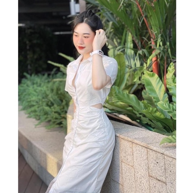 Váy nữ cổ sơ mi khoét eo tay ngắn dài cho nữ