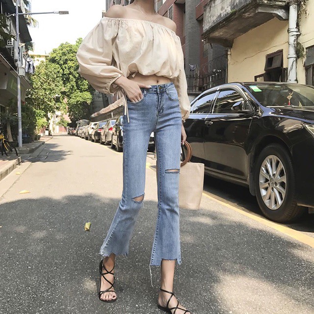 (Order) có bigsize Quần jeans rách gối, gấu loe lệch tua rua hot hit, sang chảnh, mẫu mới 2019 Quảng Châu