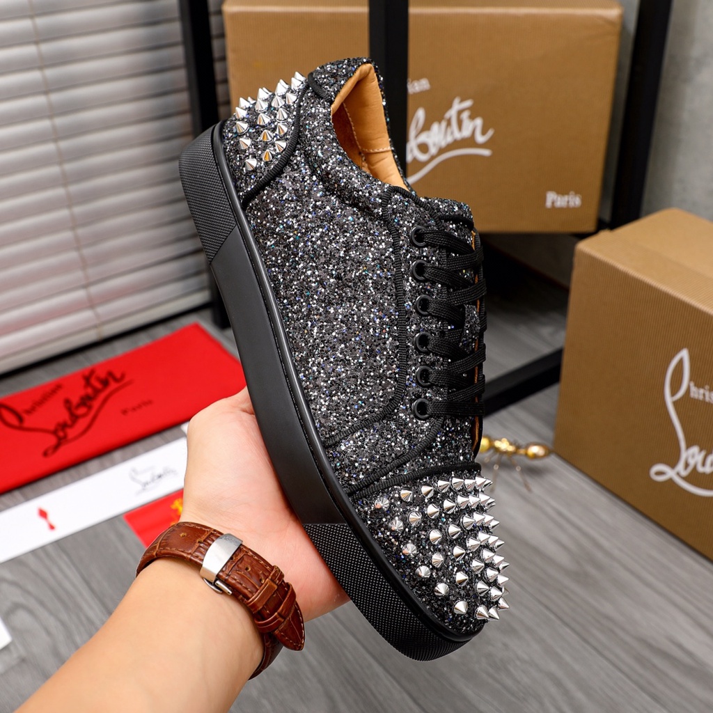 Giày thể thao nam da thật phối vải đính kim tuyến và đinh tán sành điệu, cá tính