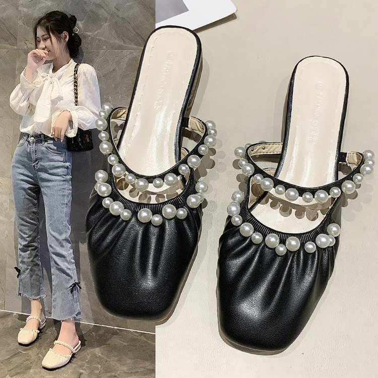 Fashion Square Head Pearl Decoration Ulzzang Square High Heel Slipper Sandals