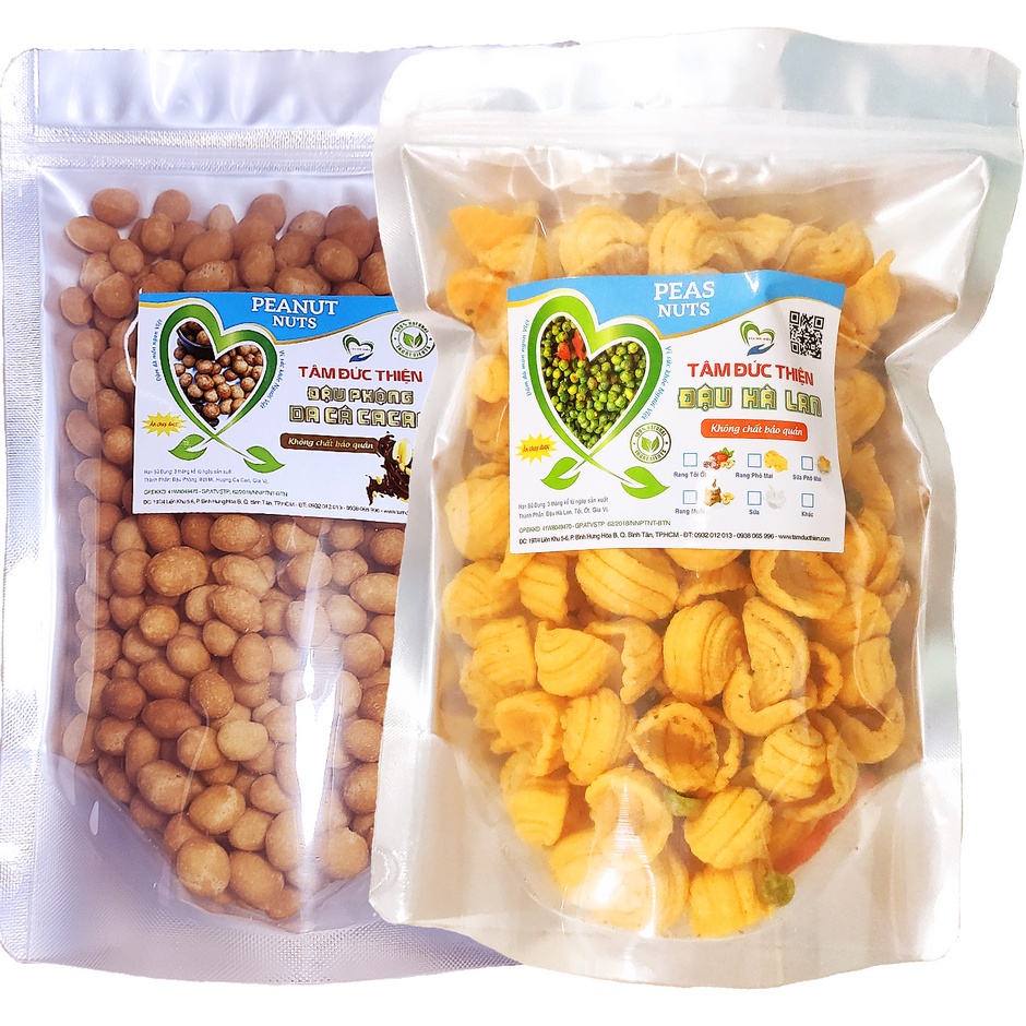 Combo 2 Túi: Đậu Phộng Da Cá Cacao 500GR và Bánh Vỏ Sò &amp; Đậu Hà Lan 205GR Tâm Đức Thiện