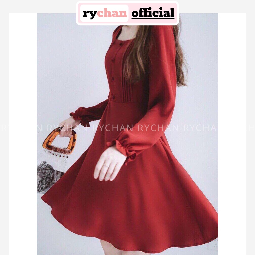 Đầm Xòe Đỏ Nút Bọc Cổ Vuông Tay Dài [ẢNH THẬT CUỐI] - DX818