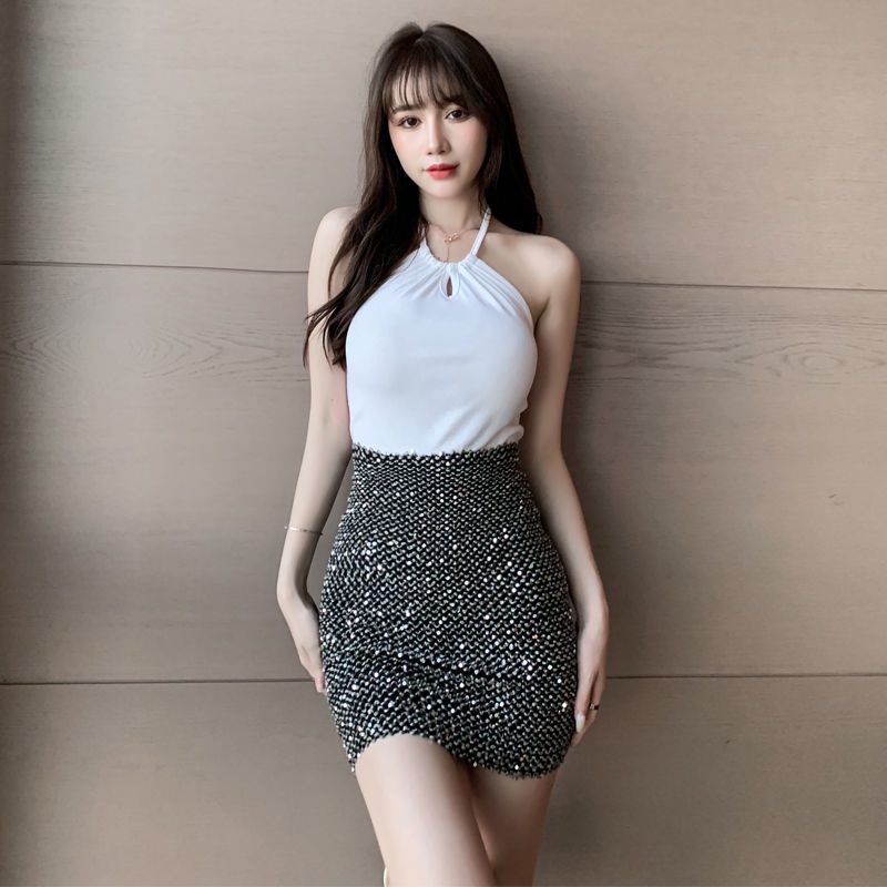 Chân Váy Ngắn Lưng Cao Co Giãn Đính Sequin Lấp Lánh Phong Cách Hàn Quốc Thời Trang Quyến Rũ Cho Nữ