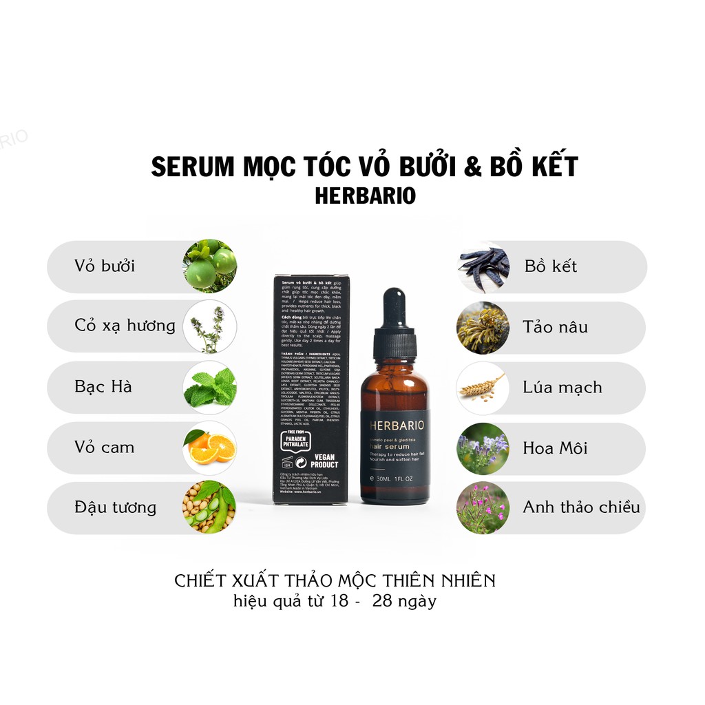 Combo 2 chai serum vỏ bưởi và bồ kết herbario 30ml giảm rụng tóc, giúp mọc tóc chắc khoẻ