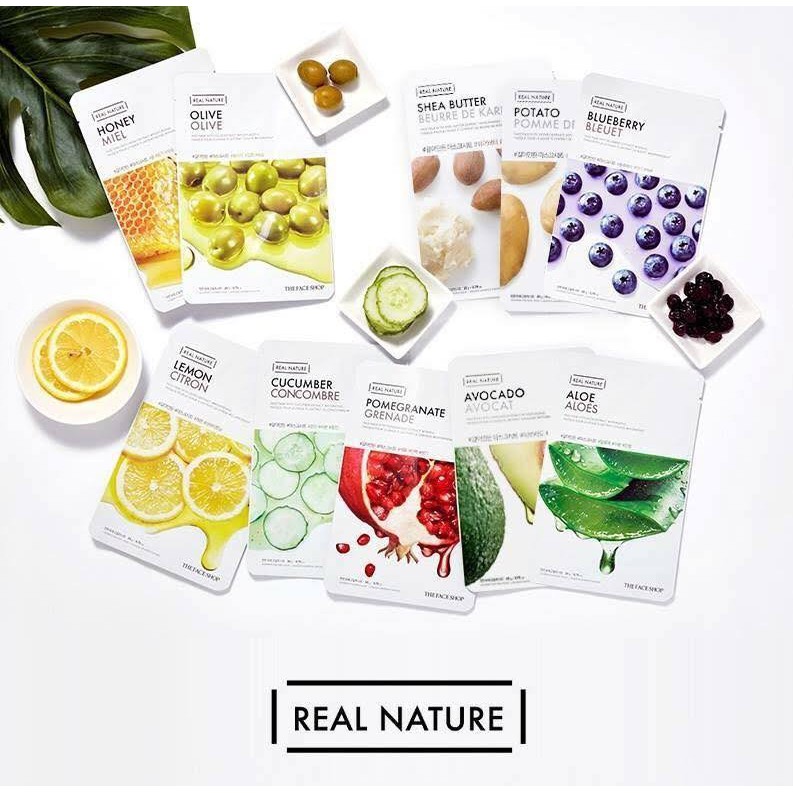 MASK Giấy TheFaceShop Real Nature (lựu,việt quất,rong biển,hoa cúc,hoa sen,tràm,dưa leo,bơ hạt) [ Hàng Chính Hãng ]