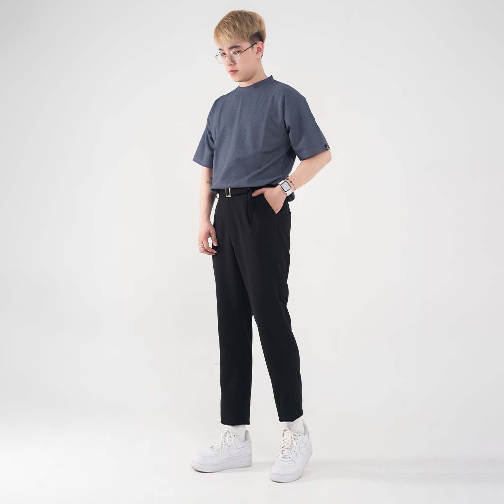 Quần âu nam cạp cao kèm đai chun thắt lưng Hàn Quốc dáng baggy ống suông, quần tây nam đen công sở vải chống nhăn QSĐ