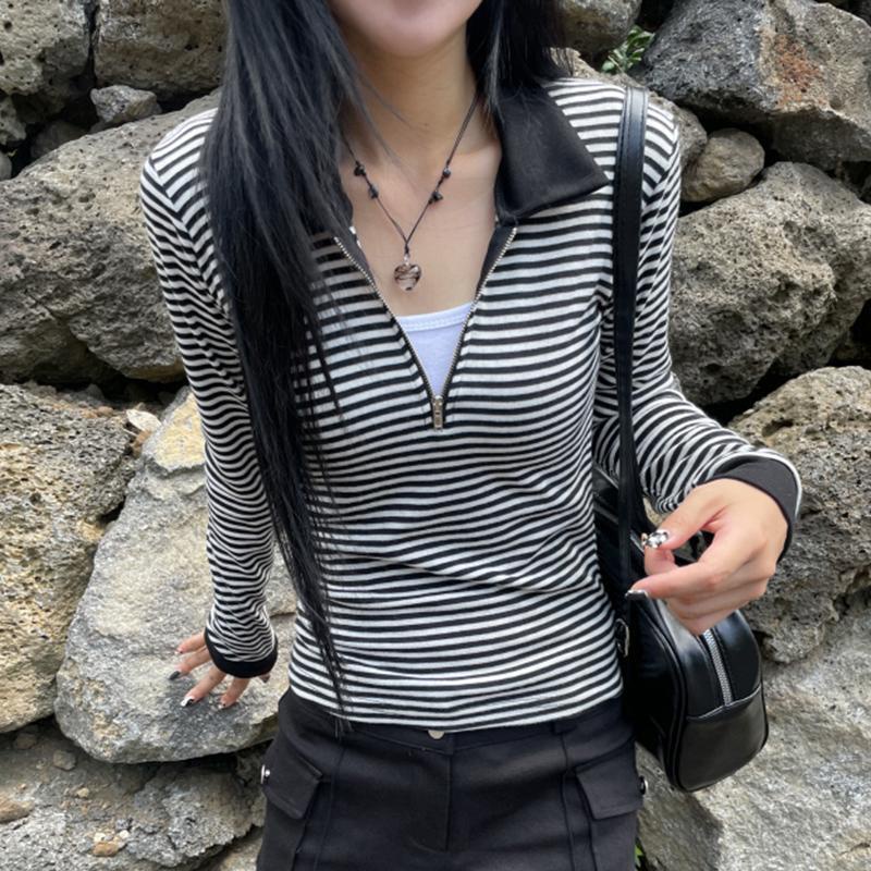 Women's fashion striped zipper long-sleeve t-shirt