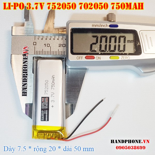 Pin Li-Po 3.7V 752050 702050 750mAh (Lithium Polyme) cho tai loa Bluetooth, Camera hành trình,định vị GPS, thiết bị y tế