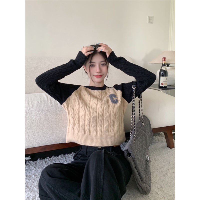 Áo Thun Lửng Tay Dài Màu Sắc Tương Phản Phong Cách Hàn Quốc Dành Cho Nữ