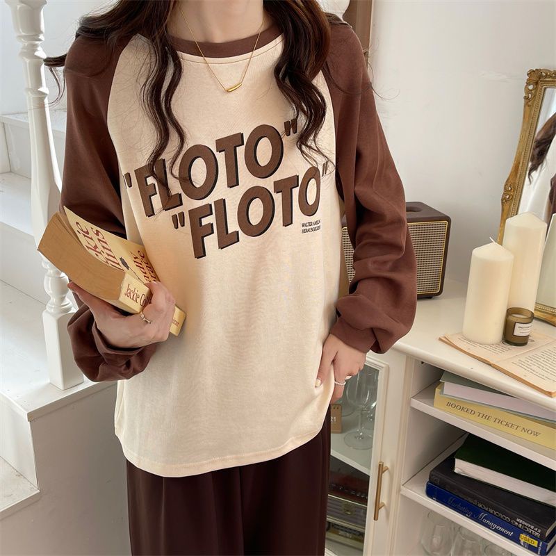 COZOK Áo Thun Tay Dài Form Rộng Họa Tiết Chữ Theo Phong Cách Retro Hợp Thời Trang