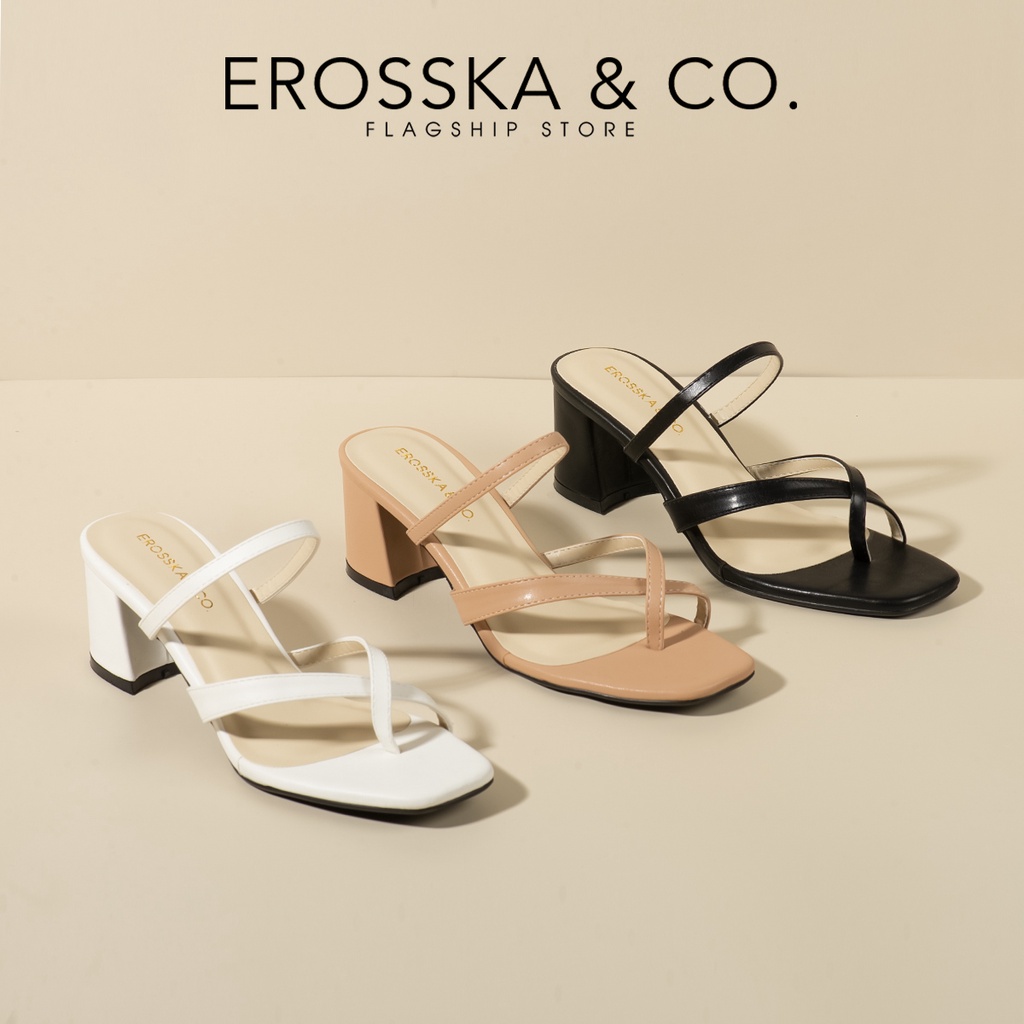 [Mã WABRTL3 -10% đơn 250K]Giày sandal cao gót Erosska mũi vuông quai ngang phối dây cao 5cm màu bò - EM080