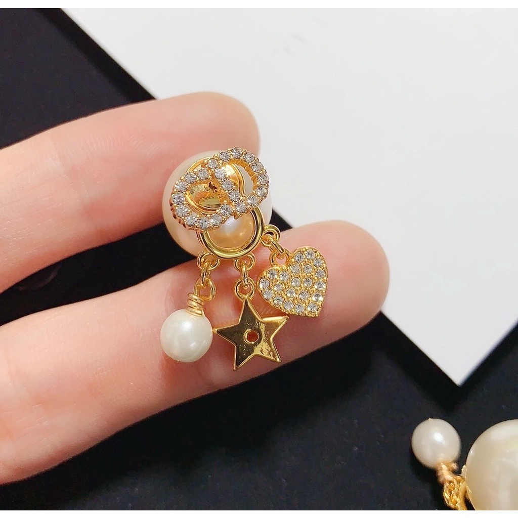 Bông Tai Dior Hình Trái Tim Đính Ngọc Trai Kim Cương Nhân Tạo Thanh Lịch Thời Trang