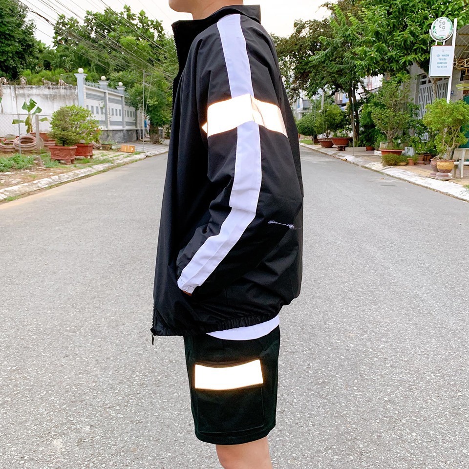 < ẢNH THẬT> Set Phản Quang Khoác Viền phối Quần Short Đen [ Form UNISEX ]