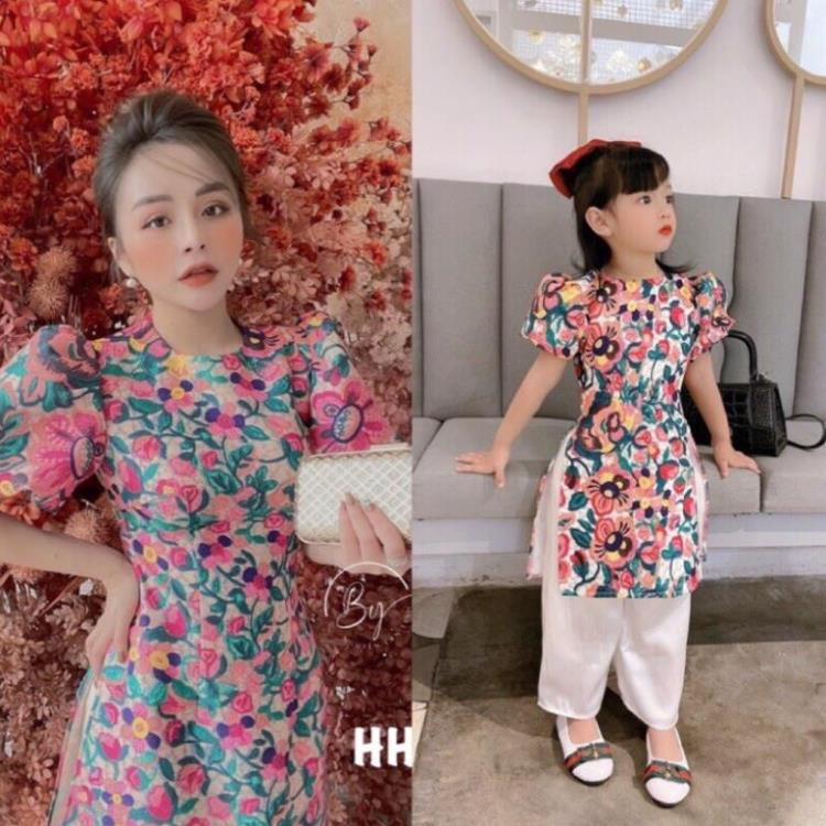 ÁO DÀI ĐÔI HỌA TIẾT HÌNH HOA CHO MẸ VÀ BÉ (kèm quần)