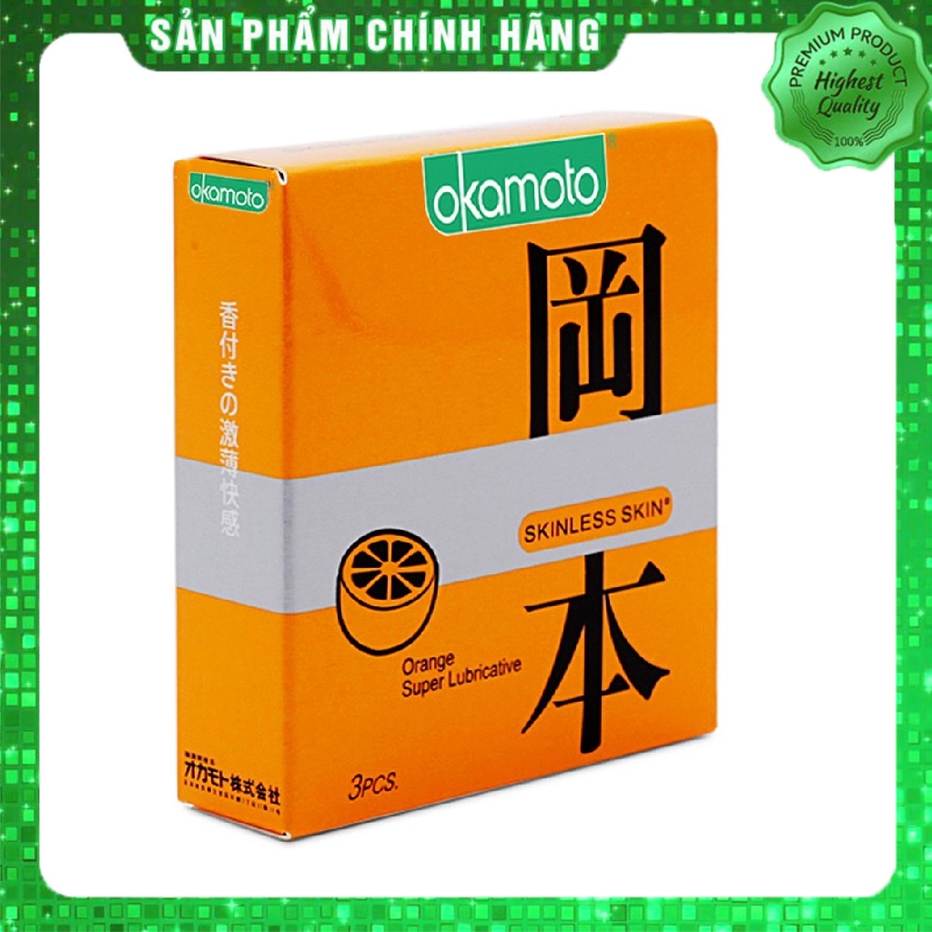 Bao Cao Su Siêu mỏng nhiều gel bôi trơn Okamoto Orange hương cam -  bcs 3 chiếc