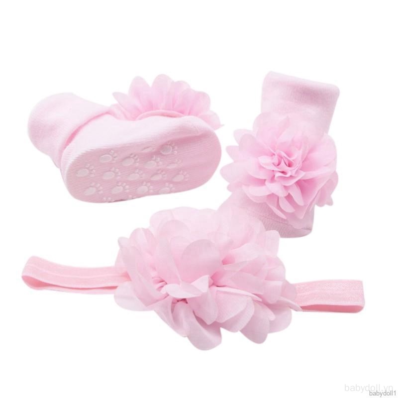 Set Vớ Cotton Ren Hoa Và Băng Đô Hoa Lớn Dễ Thương Dùng Làm Đạo Cụ Chụp Ảnh Cho Bé Sơ Sinh