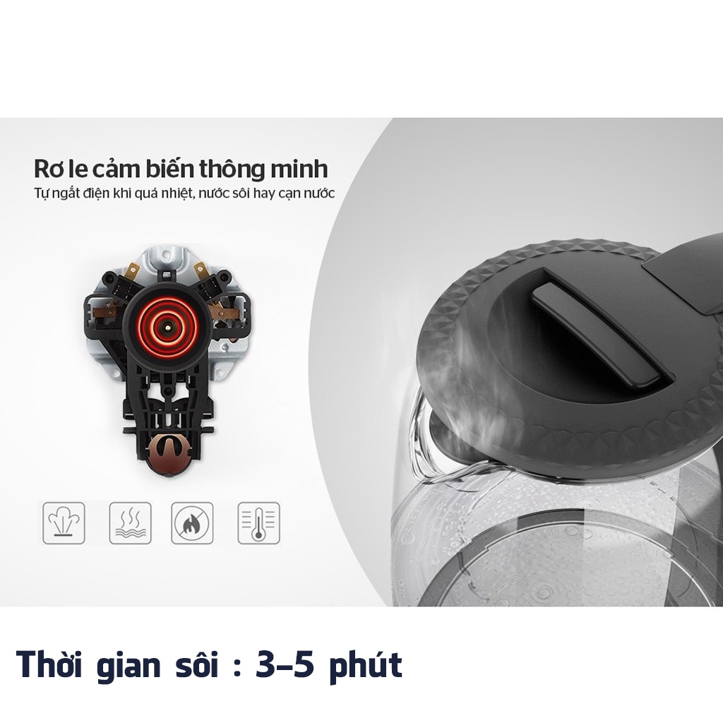 Ấm Siêu Tốc Thủy Tinh Cắm Điện Dung Tích 1.8 Lít Công Suất 1500W Thiết Kế Đèn Led Hiện Đại Bảo Hành 6 Tháng