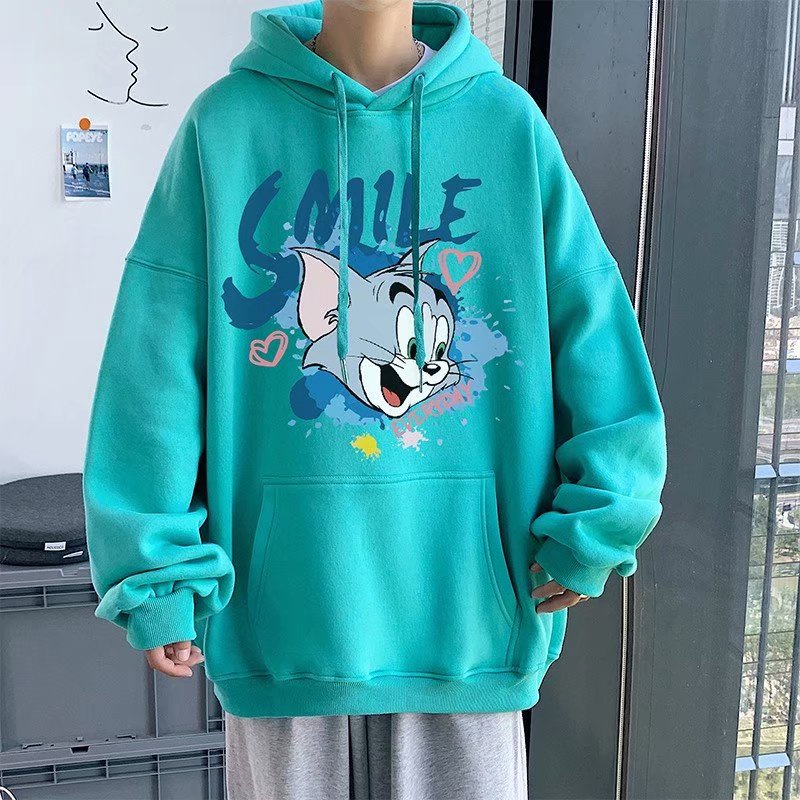 Áo sweater nam cổ tròn dáng rộng nỉ in hình mèo hoạt hình phong cách vibe