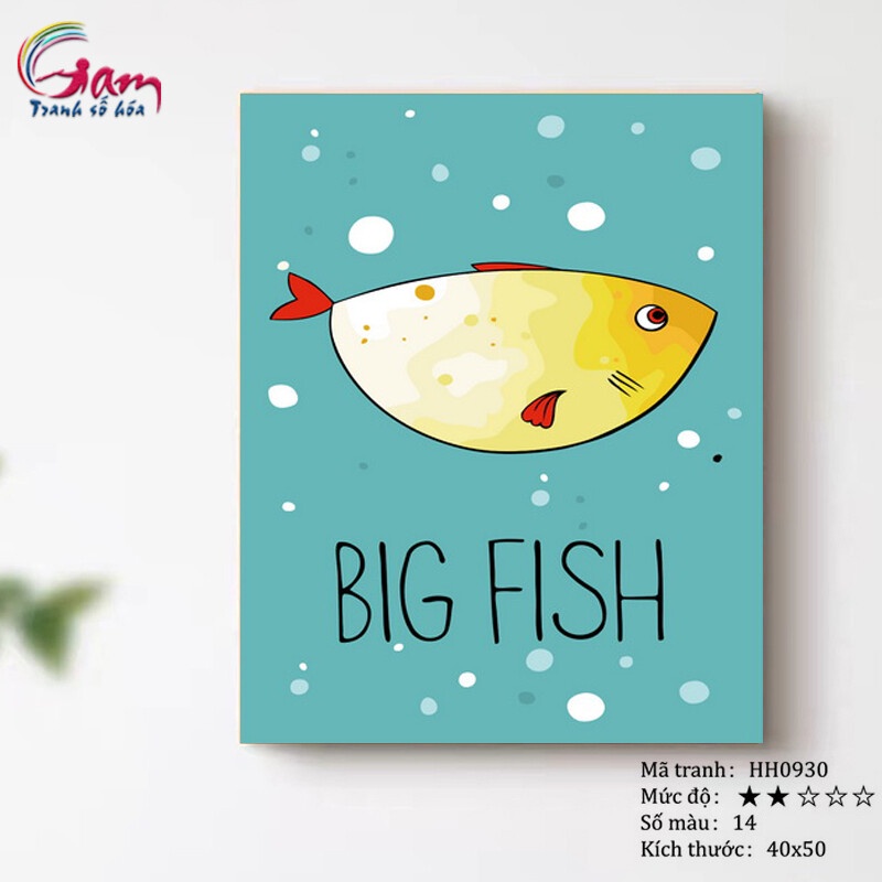Tranh tự tô màu theo số GAM hiện đại đơn giản dễ vẽ Big fish nâng cấp bộ màu 5ml kèm 2 bộ cọ đã căng khung HH0930