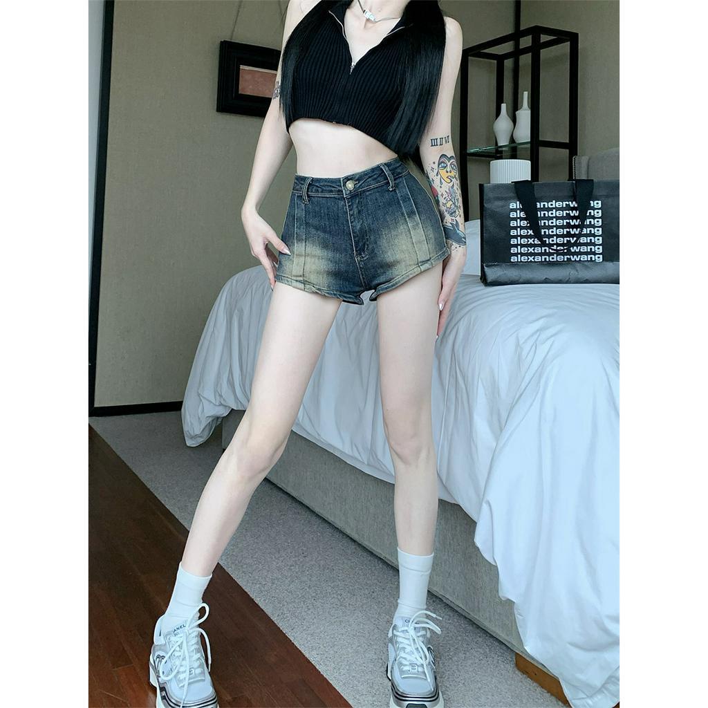 Ethelgirl Quần Short Denim Lưng Cao Co Giãn Phong Cách Vintage Đường Phố Mỹ Cho Nữ