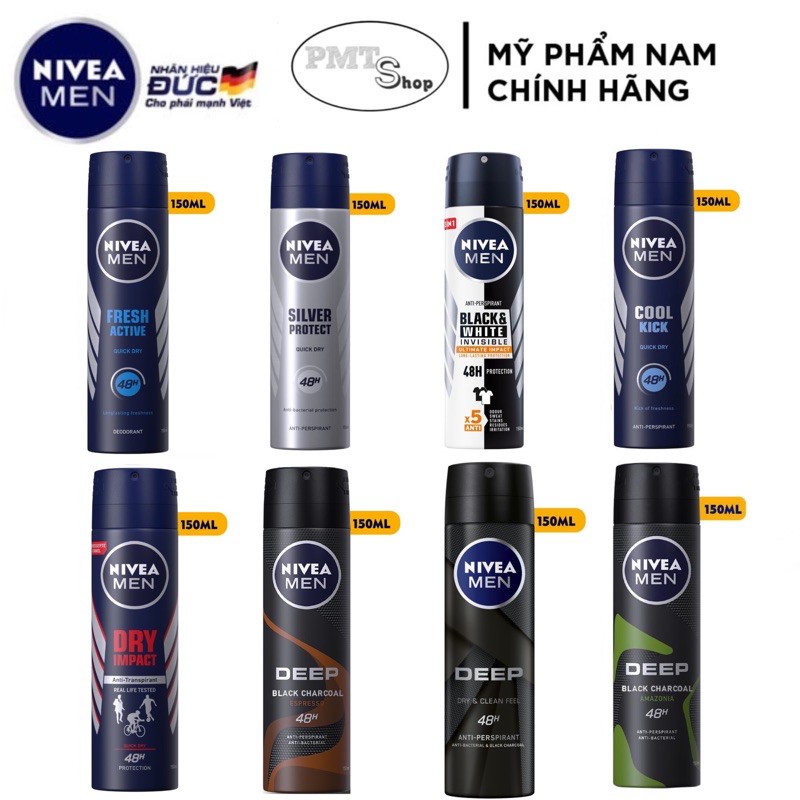 Xịt khử mùi nam Nivea men 150ml - Silver Protect, Dry Impact, Invisible, Deep, Cool Powder, Cool Kick, Amazon, Espresso