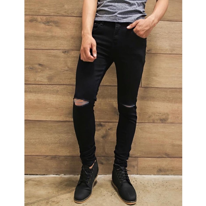 Quần Jeans Đen Xước Nhẹ Dáng Vừa Trẻ Trung Chất Vải Ít Phai Màu Co Giãn Nhẹ