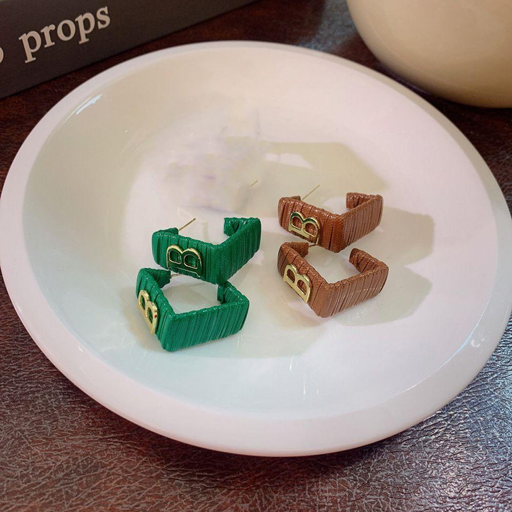 VANES1 Bông Tai Da PU Mặt Vuông Khắc Chữ Cá Tính Cho Nữ