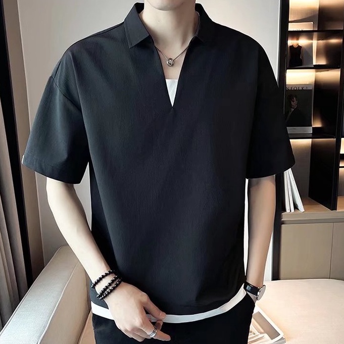 Áo Thun Polo Cổ Chữ V Màu Trơn Đơn Giản Thời Trang Hàn Quốc Chất Lượng Cao Cho Nam áo thun nam có cổ fashion áo thun nam đẹp simple bigsize Hàn Quốc áo polo nam from rộng