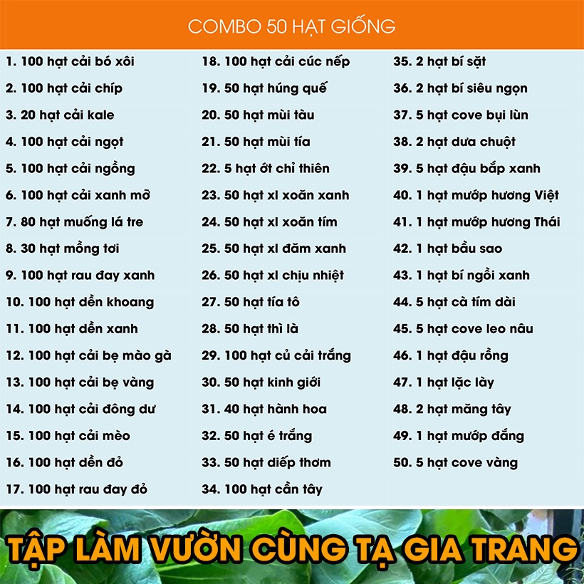 Combo 50 loại Hạt giống Dễ trồng trong Chương trình Deal 1K - Tập làm vườn cùng Tạ Gia Trang