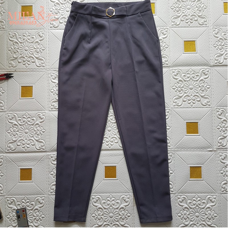 Quần tây công sở lưng cao nữ khóa sườn phối lục giác ống đứng - Màu Đen Ghi - Chất vải tuyết mưa dày mềm mặc đi làm học