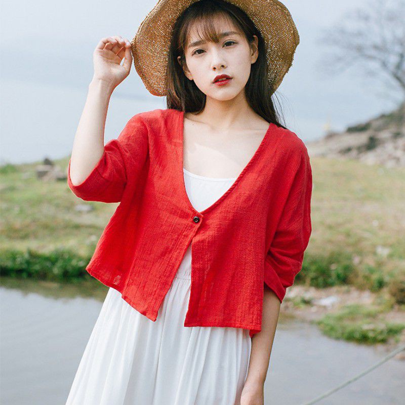 Áo khoác cardigan cotton tay lỡ cổ chữ V thanh lịch cho nữ | BigBuy360 - bigbuy360.vn