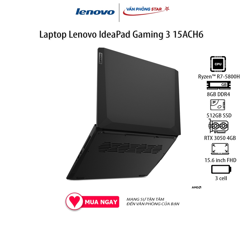 Laptop Lenovo IdeaPad Gaming 3 15ACH6 (82K2008VVN) (R7 5800H/8GB RAM/512GB SSD/15.6 FHD/RTX 3050 4GB/Win11/Đen)