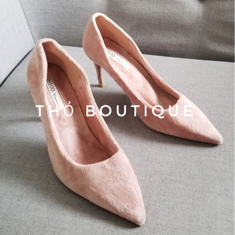 Giày cao gót chính hãng OSSO nhung lông thỏ màu hồng nude pastel 7cm size 38