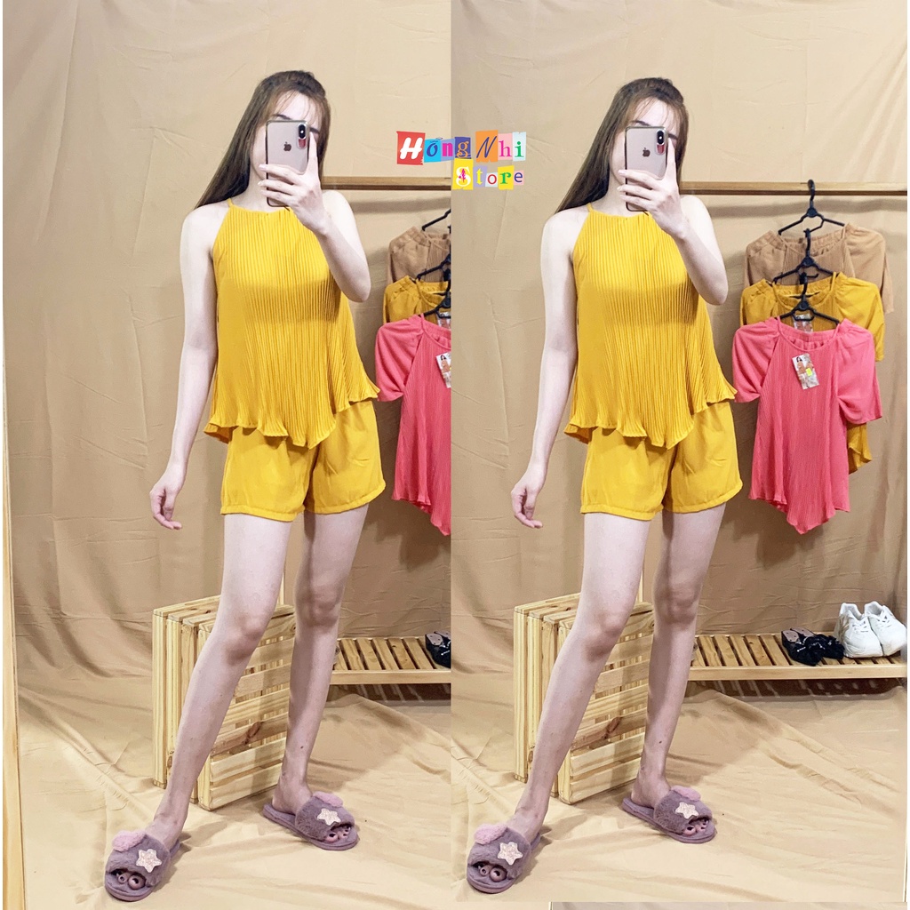 Bộ Pijama Ngủ Voan Dập Ly Áo Yếm Quần Đùi Cao Cấp Dáng Rộng 65kg Trở Lại Ulzzang