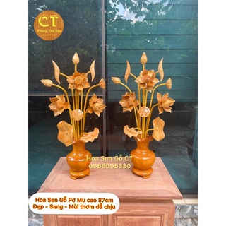 Hoa sen gỗ pơ mu cao 87cm ❤️ vân gỗ đẹp ❤️