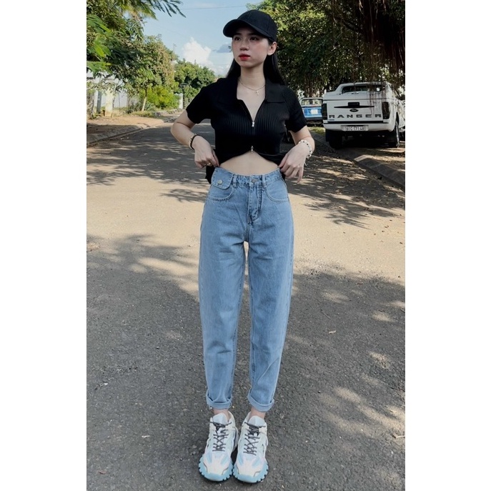 Quần Jean Baggy nữ túi nắp cạp cao lai cuốn 2 màu Xanh đậm/ Xanh nhạt - Xưởng may LT77