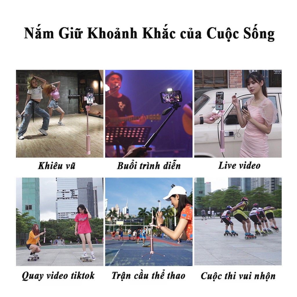 Gậy quay livestream, tiktok, chụp hình tự sướng, selfie có gimbal chống rung khi quay, rút gọn mở rộng lên đến 1 mét 6