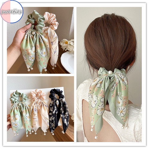 Dây Buộc Tóc Cao Su Bản Lớn In Họa Tiết Hoa Đính Ngọc Trai Sang Trọng Thời Trang Cho Nữ 2022
