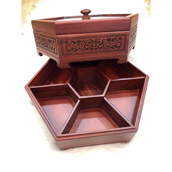 Khay Đựng Bánh Kẹo Ngày Tết bằng Gỗ  Cao cấp Lục Giác Kính-Khay mứt in hoa văn và chúc mừng năm mới
