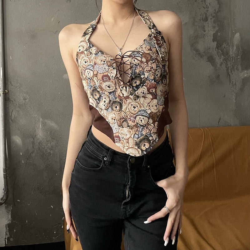 [Augustcloth] Áo croptop đan dây họa tiết gấu phong cách Hàn Quốc