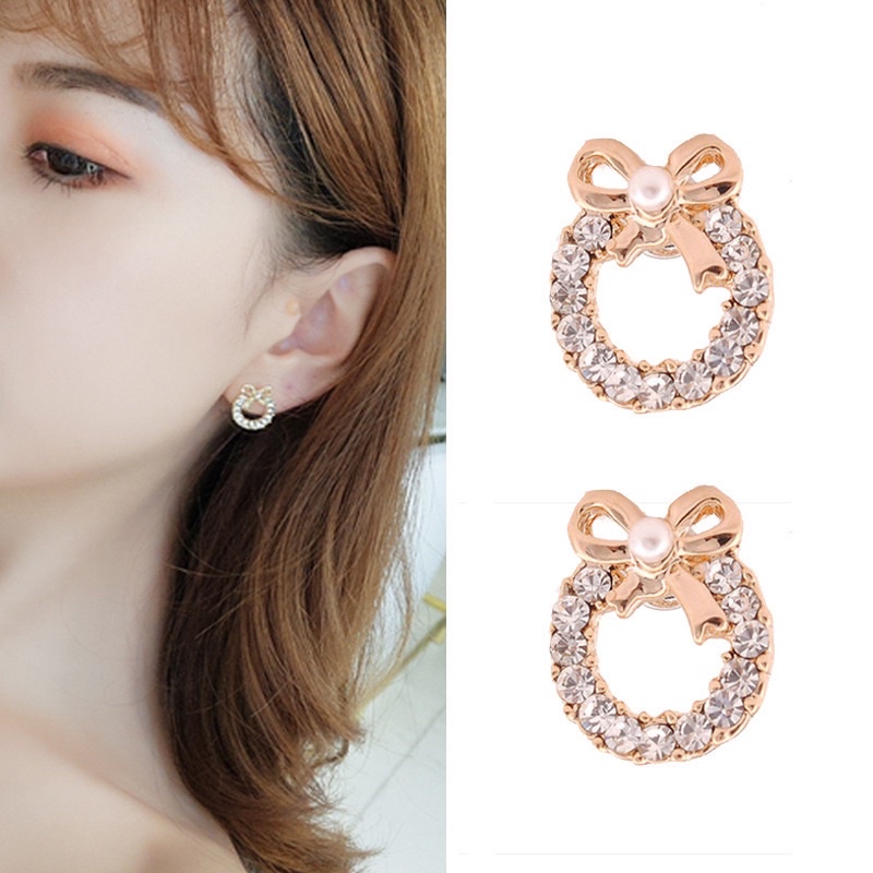 Khuyên tai nữ, bông tai vòng tròn đá đính nơ mix ngọc trai nhân tạo Nàng Thơ Accessories