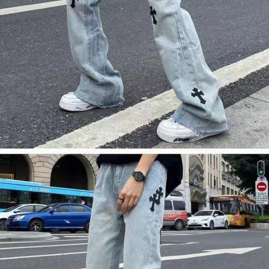 Quần jean nam Unisex quần thêu chữ Thập ALVIDO kiểu ống rộng dáng suông chất bò