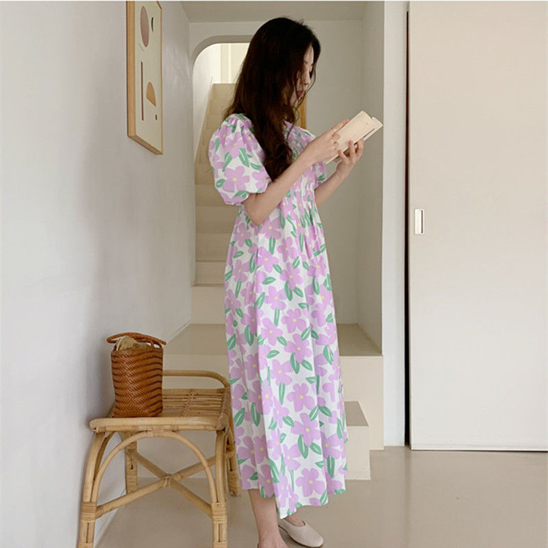 Đầm Công Chúa In Hoa Tay Phồng Phong Cách Hàn Quốc Thanh Lịch Xinh Xắn Cho Nữ